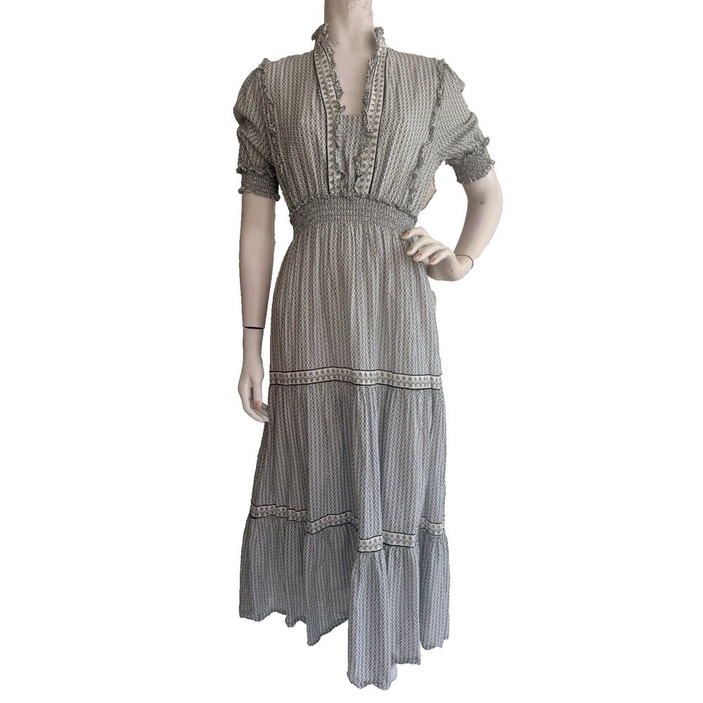 MAX STUDIO Maxi Dress Black White Cotton V Neck Short Sleeve Boho Size L